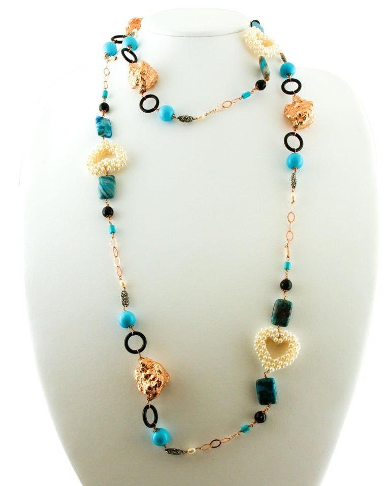 Long 9K Gold and Silver Necklace with Turquoise Rock Crystal Pearls and Calcedony