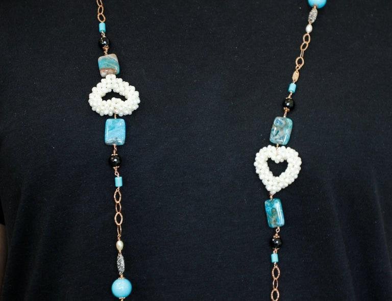 Long 9K Gold and Silver Necklace with Turquoise Rock Crystal Pearls and Calcedony