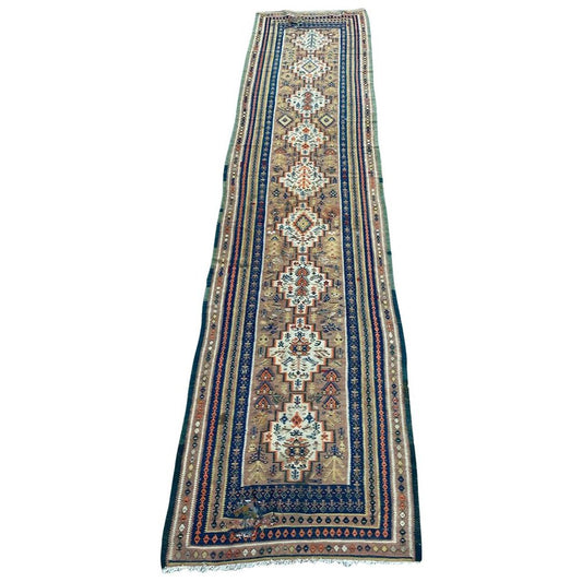 Long Antique Senneh Kurdish Runner Kilim Rug, 1920s