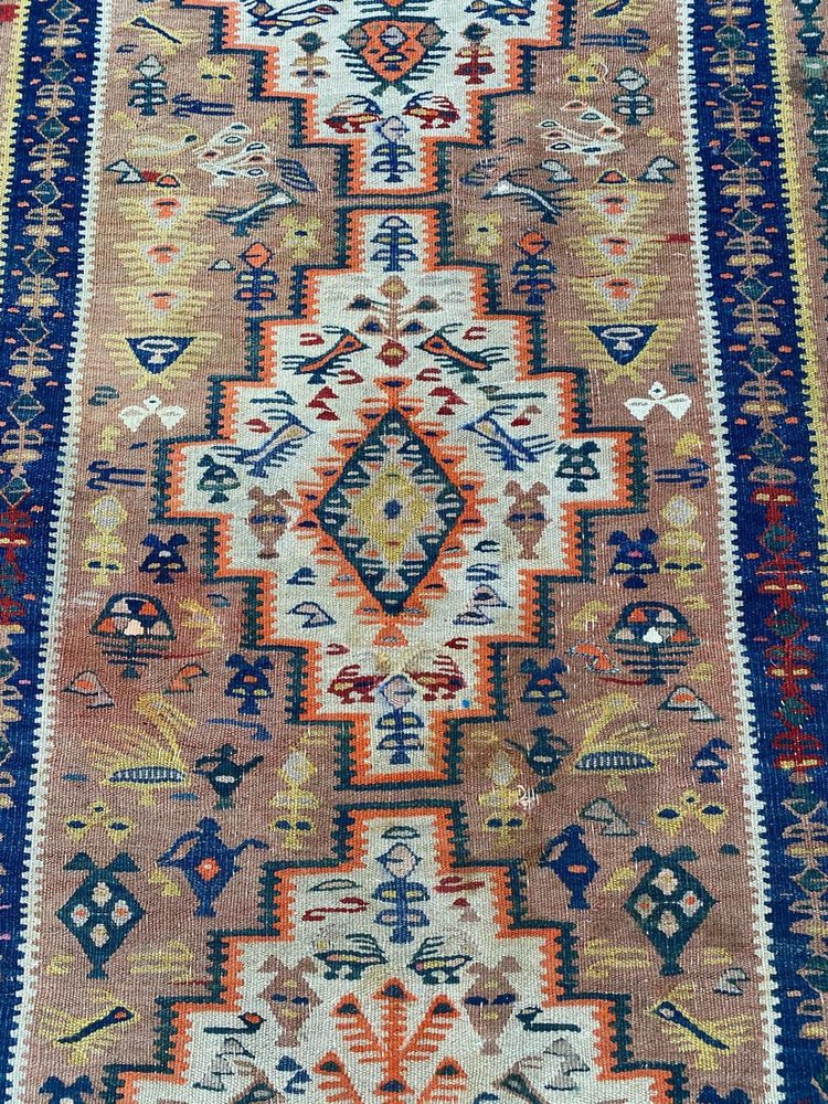 Long Antique Senneh Kurdish Runner Kilim Rug, 1920s