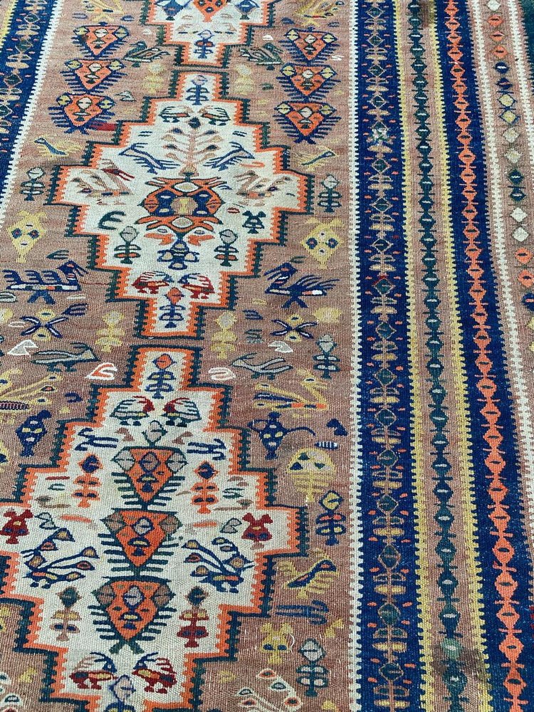 Long Antique Senneh Kurdish Runner Kilim Rug, 1920s