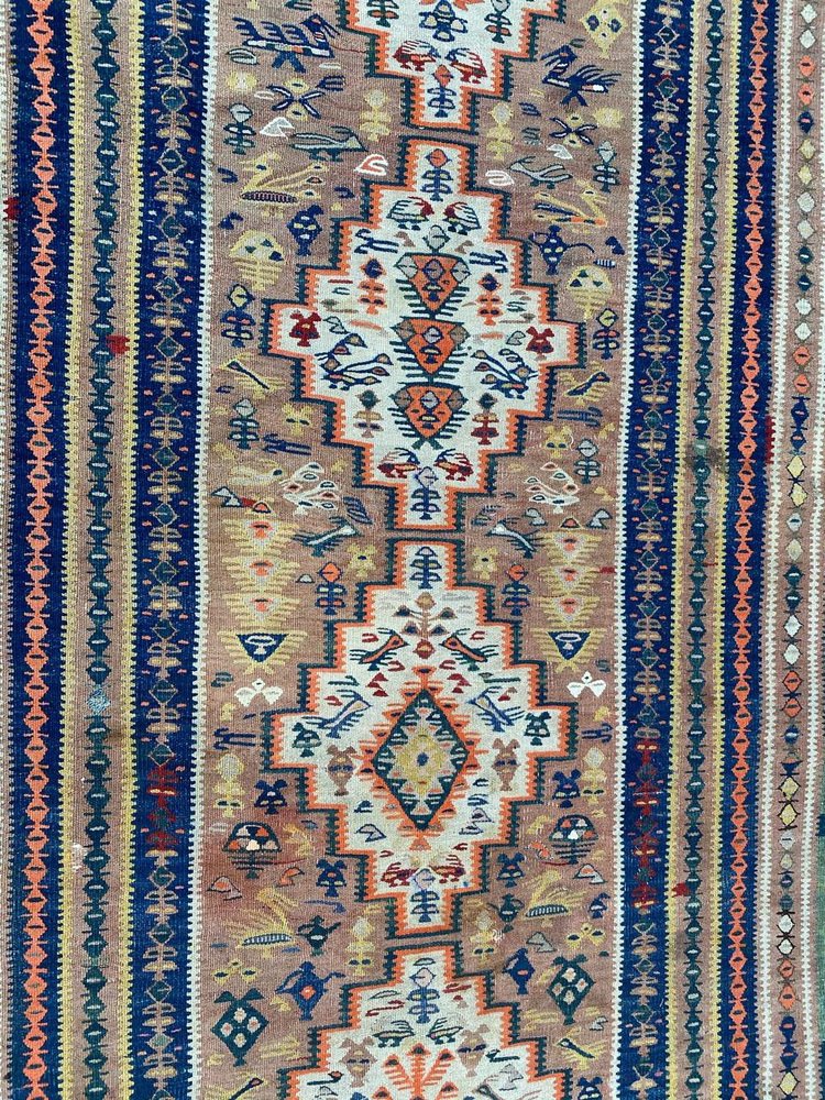 Long Antique Senneh Kurdish Runner Kilim Rug, 1920s