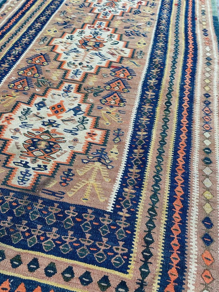 Long Antique Senneh Kurdish Runner Kilim Rug, 1920s