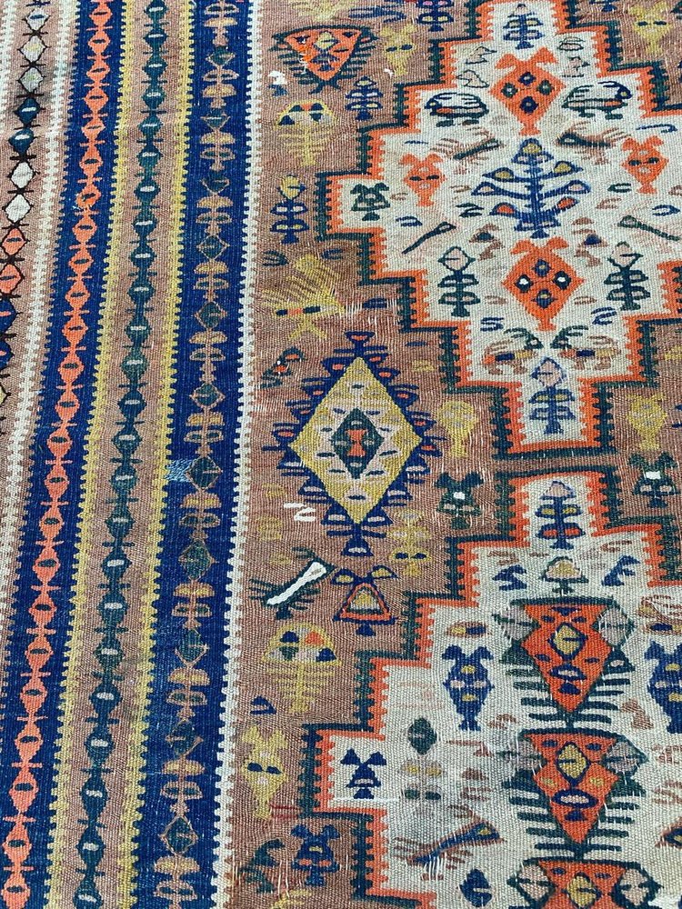 Long Antique Senneh Kurdish Runner Kilim Rug, 1920s