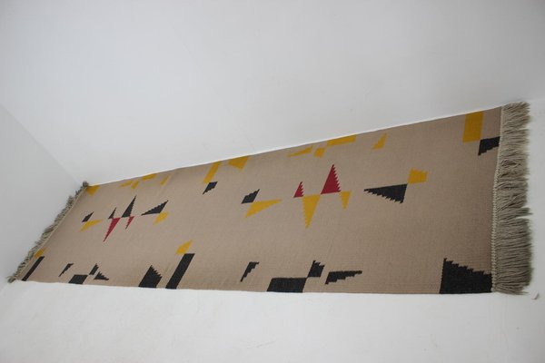 Long Geometric Abstract Wool Kilim Carpet, 1950s-TZ-1257669