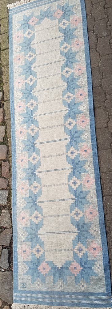 Long Swedish Blue and White Röllakan Rug by Elsa Ekholm, 1950s