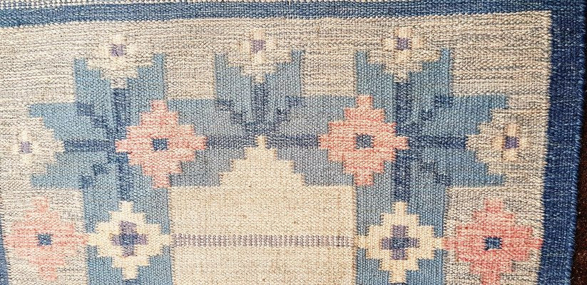 Long Swedish Blue and White Röllakan Rug by Elsa Ekholm, 1950s-QDP-1393185