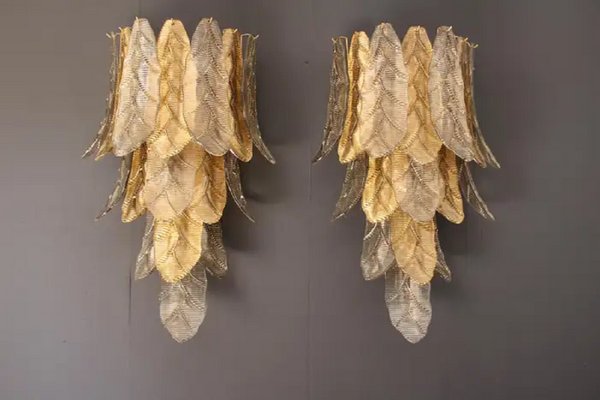 Long Textured Golden and Smoked Murano Glass Sconces in Palm Tree Shape from Barovier & Toso., 1990s-YF-1720574