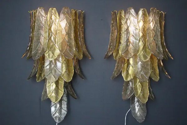 Long Textured Golden and Smoked Murano Glass Sconces in Palm Tree Shape from Barovier & Toso., 1990s-YF-1720574