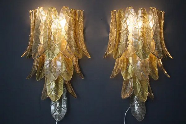 Long Textured Golden and Smoked Murano Glass Sconces in Palm Tree Shape from Barovier & Toso., 1990s-YF-1720574