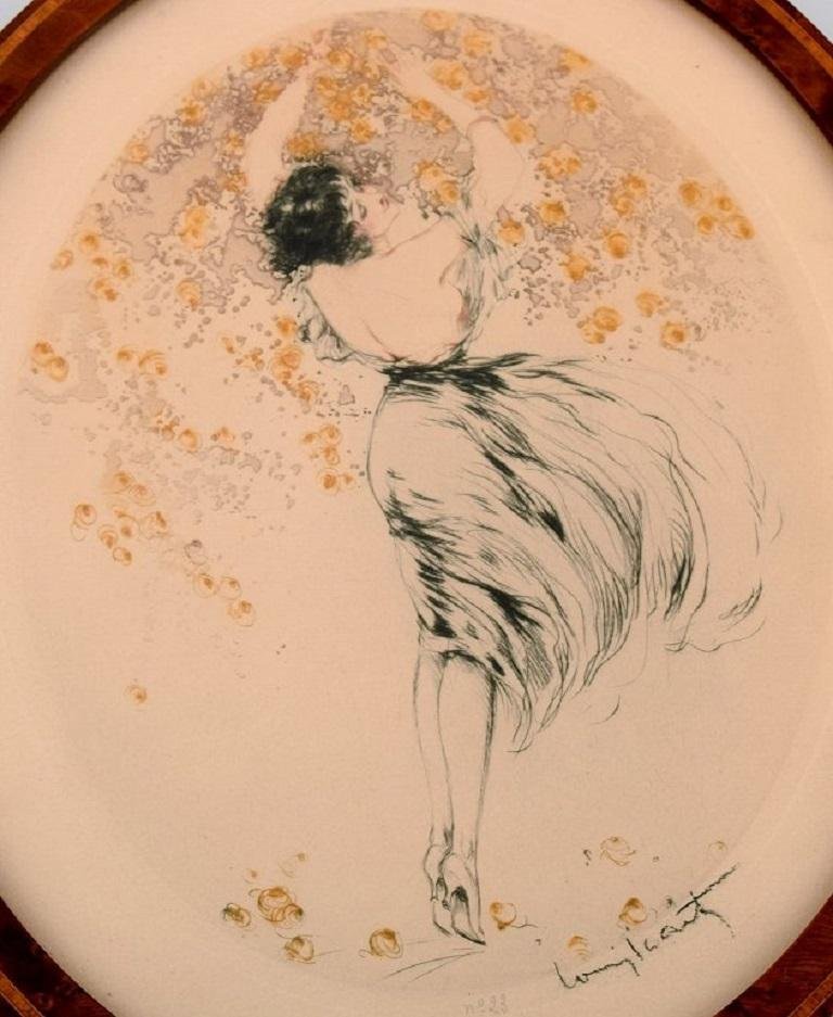 Louis Icart, Semi-Nude Woman Picking Flowers, 1920s, Etching on Paper