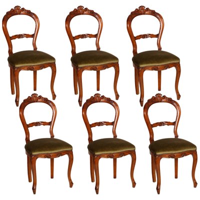 Louis Philippe Style Carved Blond Walnut Dining Chairs, 1940s, Set of 6-NJV-575136