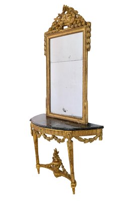 Louis Seize XVI Golden Console Table with Marble and Mirror, 1750s, Set of 2-CXC-1368782