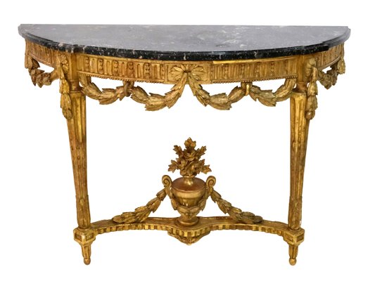 Louis Seize XVI Golden Console Table with Marble and Mirror, 1750s, Set of 2-CXC-1368782