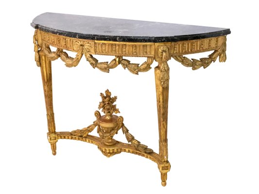 Louis Seize XVI Golden Console Table with Marble and Mirror, 1750s, Set of 2-CXC-1368782