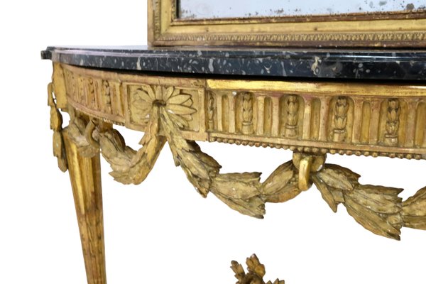 Louis Seize XVI Golden Console Table with Marble and Mirror, 1750s, Set of 2-CXC-1368782