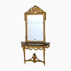 Louis Seize XVI Golden Console Table with Marble and Mirror, 1750s, Set of 2-CXC-1368782