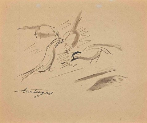 Louis Touchagues, The Birds, Original Ink Drawing, Mid-20th-Century-ZCI-1229896