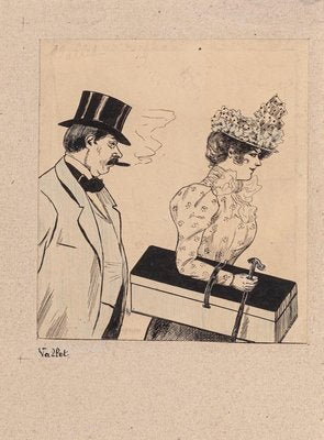 Louis Vallet, The Couple, Original China Ink and Watercolor Drawing, Early 1900s-ZCI-935015