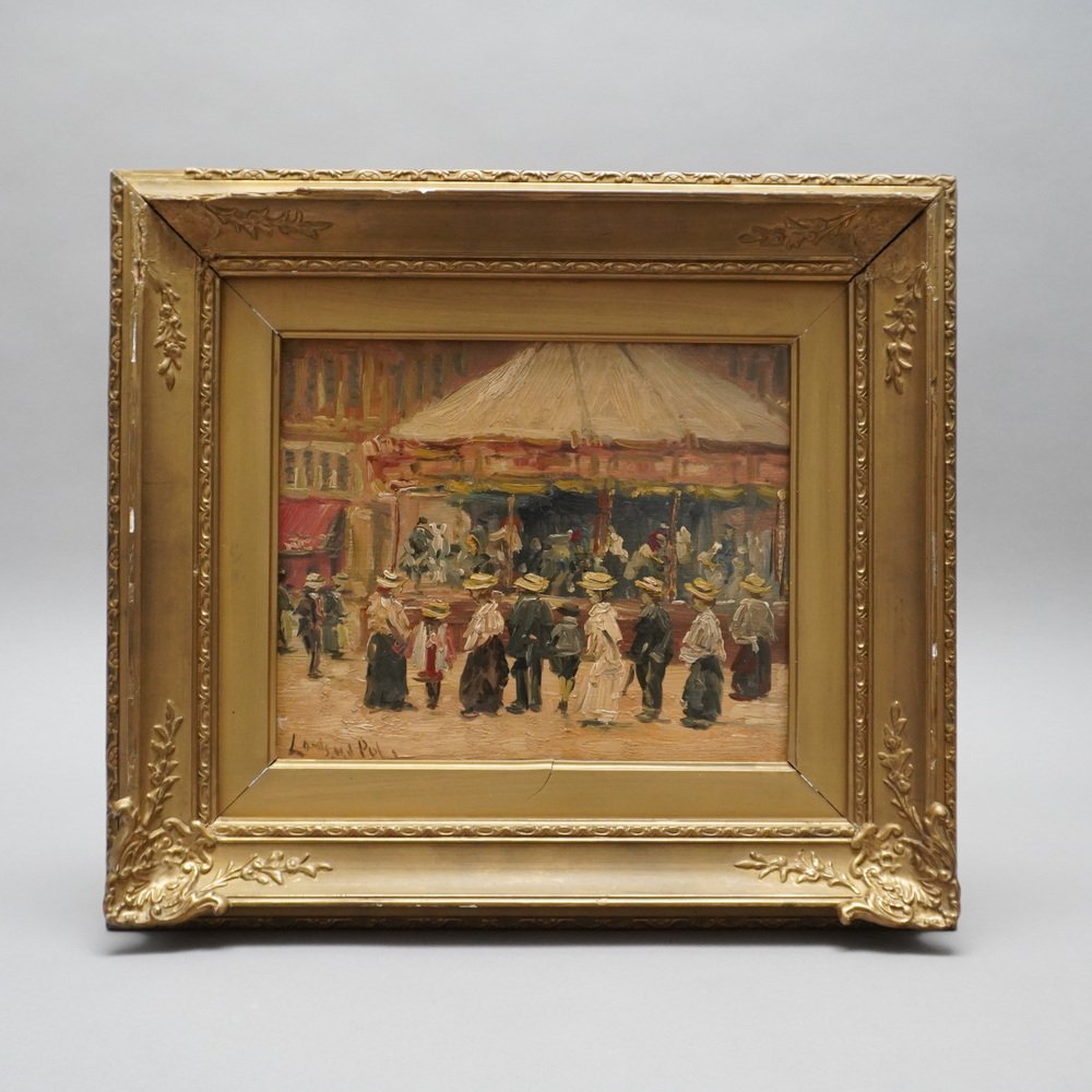 Louis Van der Pol, Street Scene with Carousel in Paris, Oil on Wood, Framed