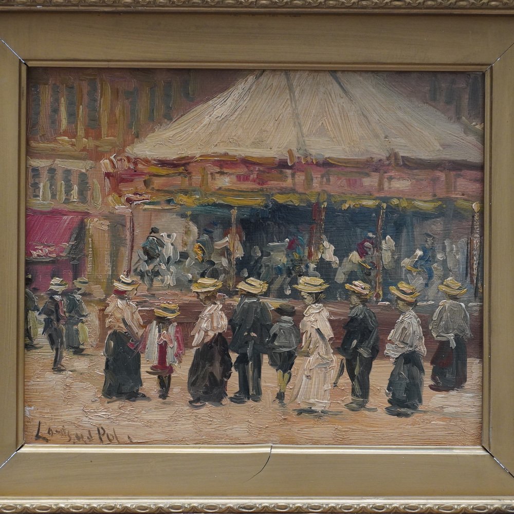 Louis Van der Pol, Street Scene with Carousel in Paris, Oil on Wood, Framed