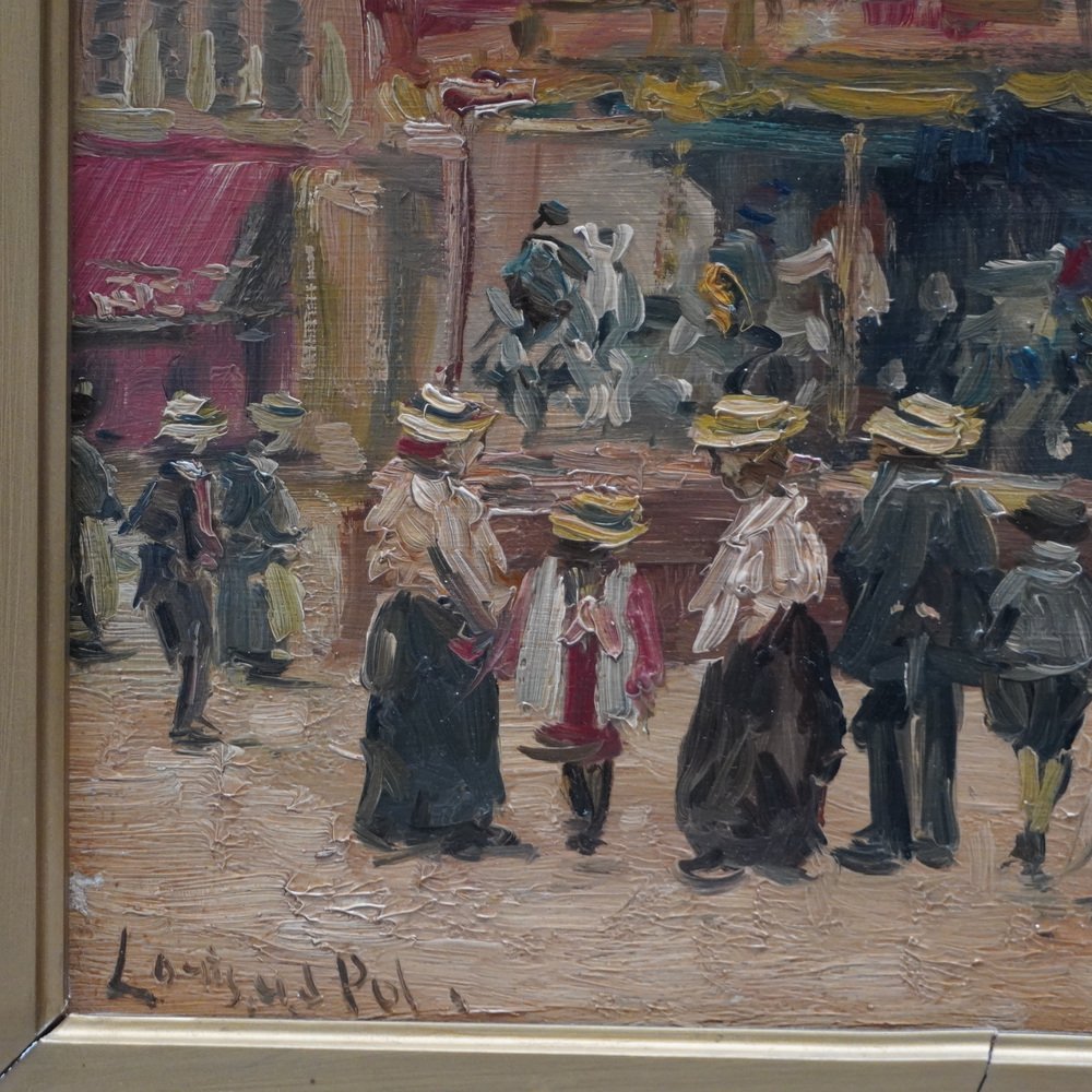 Louis Van der Pol, Street Scene with Carousel in Paris, Oil on Wood, Framed