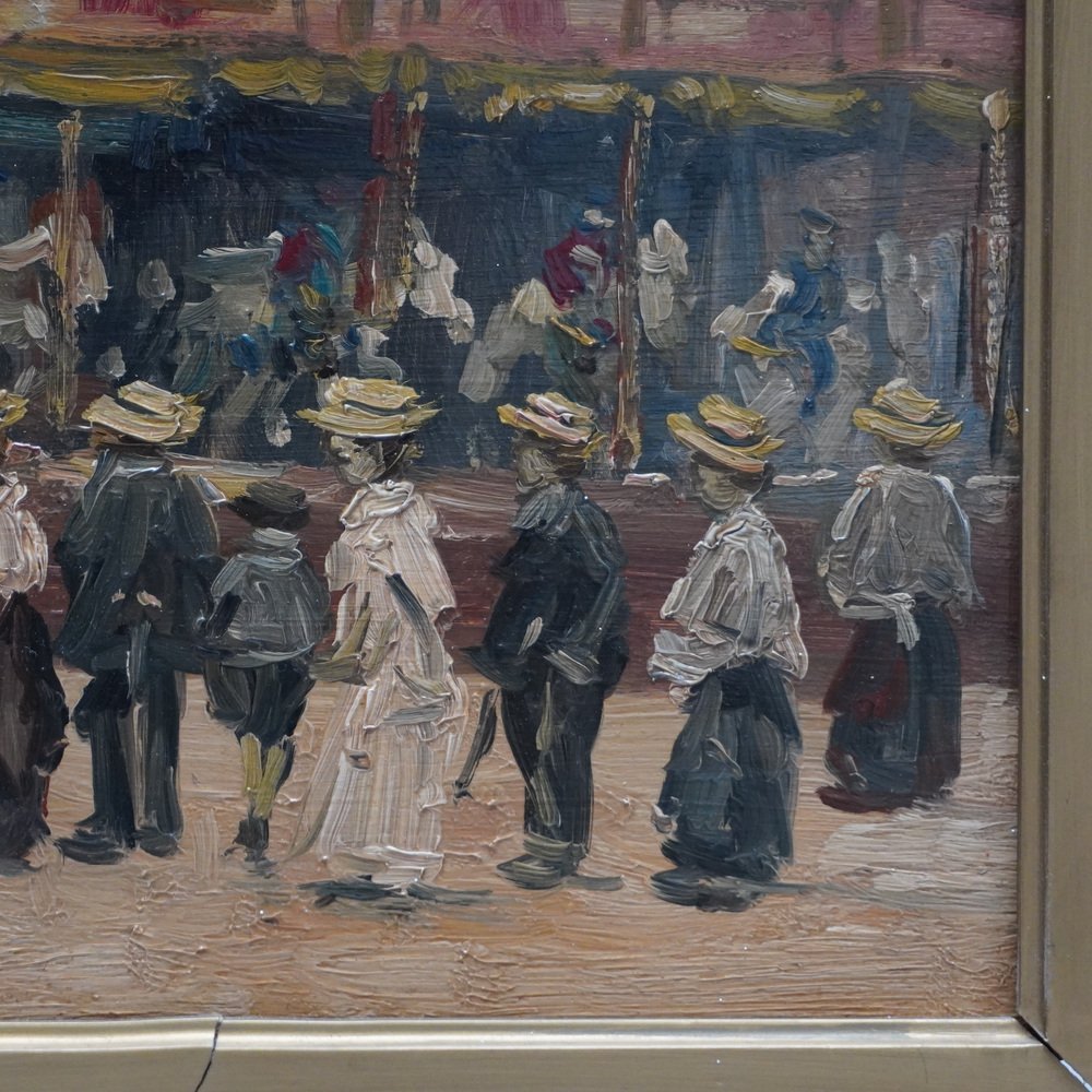 Louis Van der Pol, Street Scene with Carousel in Paris, Oil on Wood, Framed