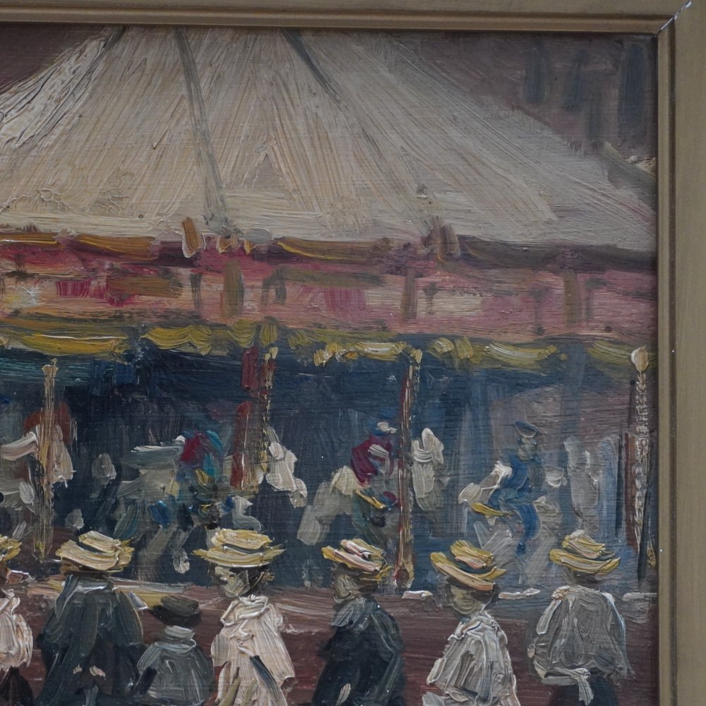 Louis Van der Pol, Street Scene with Carousel in Paris, Oil on Wood, Framed