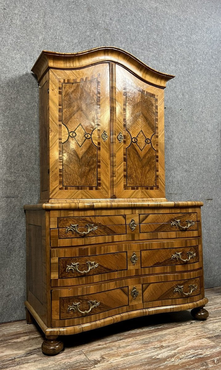 Louis XIV Baroque Curved Cabinet with Secrets in Precious Wood Marquetry, 1700s