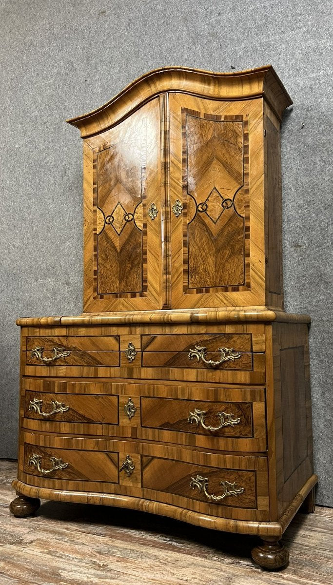 Louis XIV Baroque Curved Cabinet with Secrets in Precious Wood Marquetry, 1700s