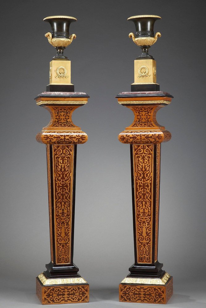 Louis XIV Style Wood Marquetry Columns, Set of 2