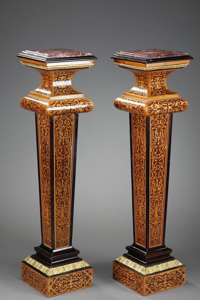 Louis XIV Style Wood Marquetry Columns, Set of 2