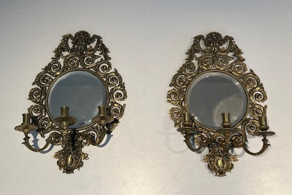 Louis XIV Wall Lights in Bronze and Mirror, Set of 2-BA-1545459