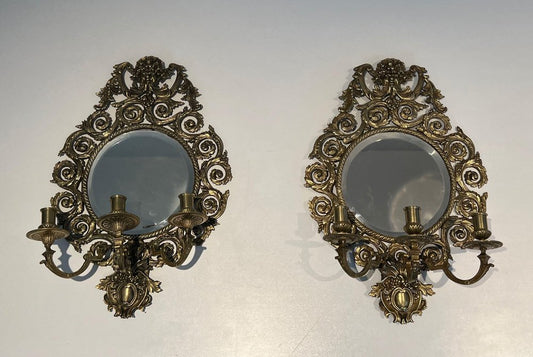 Louis XIV Wall Lights in Bronze and Mirror, Set of 2