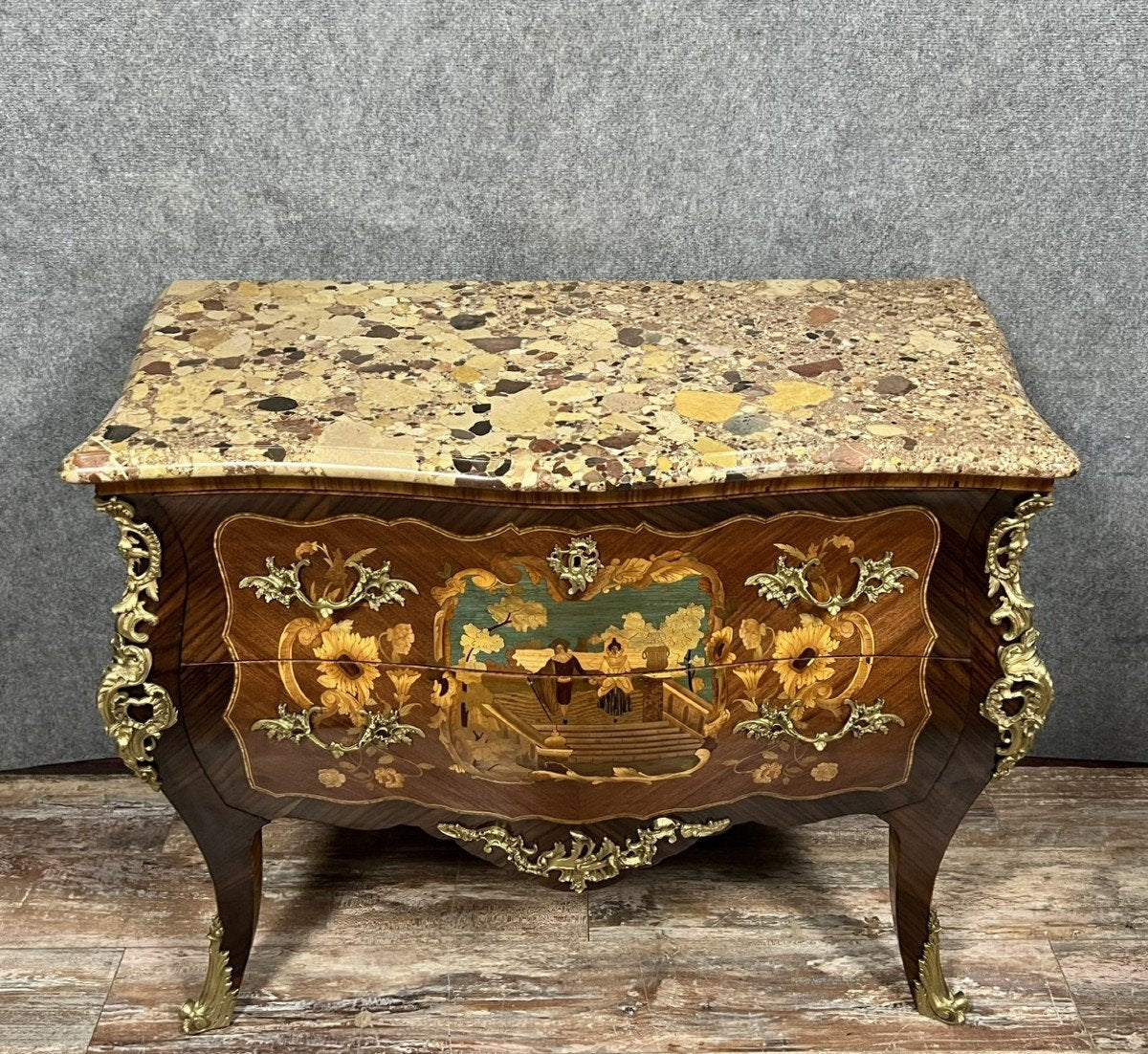 Louis XV Curved Sauteuse Dresser in Precious Wood Marquetry, 1850s