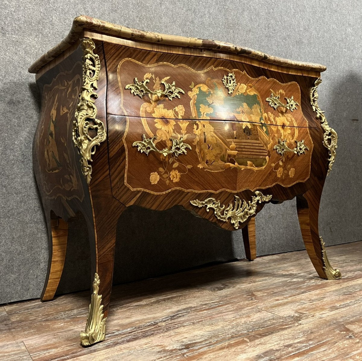 Louis XV Curved Sauteuse Dresser in Precious Wood Marquetry, 1850s