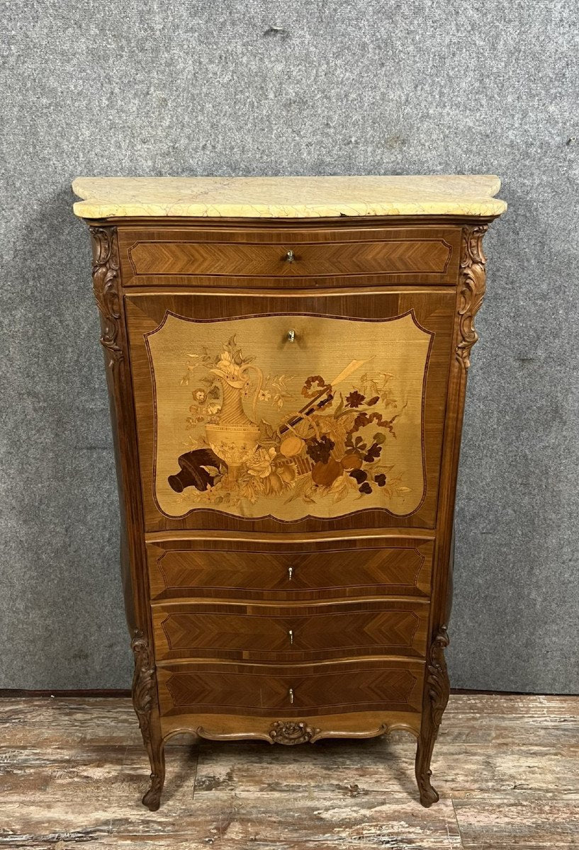 Louis XV Curved Secretary in Walnut and Precious Wood Marquetry, 1850s