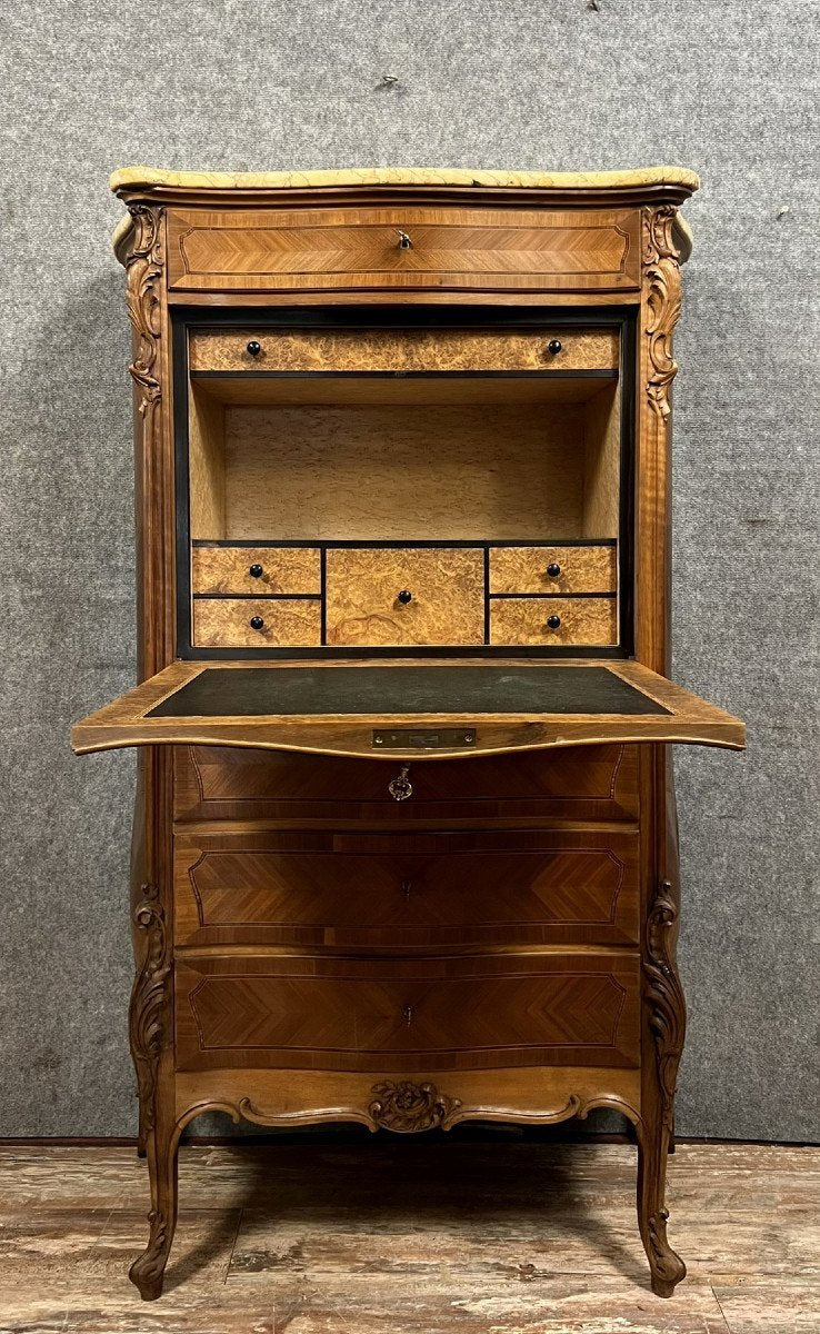 Louis XV Curved Secretary in Walnut and Precious Wood Marquetry, 1850s