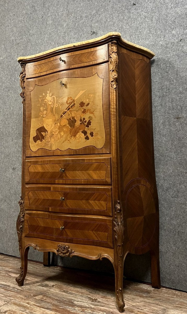 Louis XV Curved Secretary in Walnut and Precious Wood Marquetry, 1850s