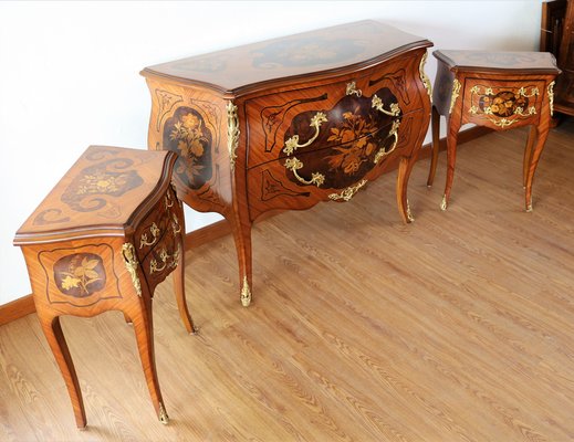 Louis XV Dresser and Bedside Tables with Baroque Style Inlays, Set of 3-IYX-1178008