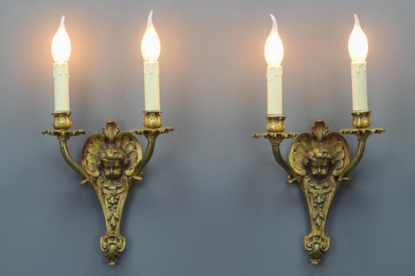 Louis XV French Bronze Cherubs Wall Sconces, 1930s, Set of 2-KEG-1395399