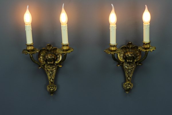 Louis XV French Bronze Cherubs Wall Sconces, 1930s, Set of 2-KEG-1395399