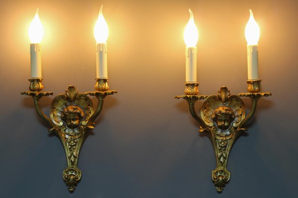 Louis XV French Bronze Cherubs Wall Sconces, 1930s, Set of 2-KEG-1395399