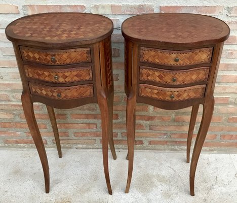 Louis XV Inlaid Walnut 3-Drawer Side Tables or Nightstands with Marquetry, Set of 2-NOU-1354634