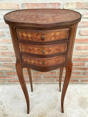 Louis XV Inlaid Walnut 3-Drawer Side Tables or Nightstands with Marquetry, Set of 2-NOU-1354634