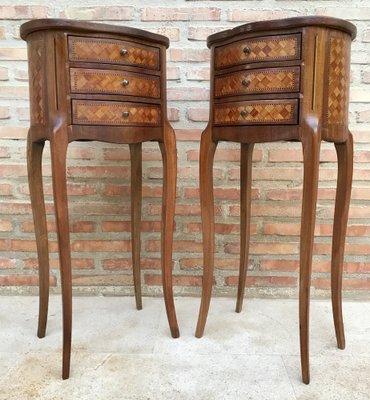 Louis XV Inlaid Walnut 3-Drawer Side Tables or Nightstands with Marquetry, Set of 2-NOU-1354634