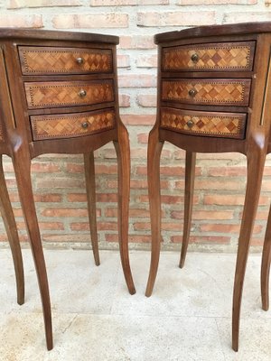 Louis XV Inlaid Walnut 3-Drawer Side Tables or Nightstands with Marquetry, Set of 2-NOU-1354634