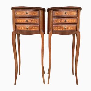 Louis XV Inlaid Walnut 3-Drawer Side Tables or Nightstands with Marquetry, Set of 2-NOU-1354634