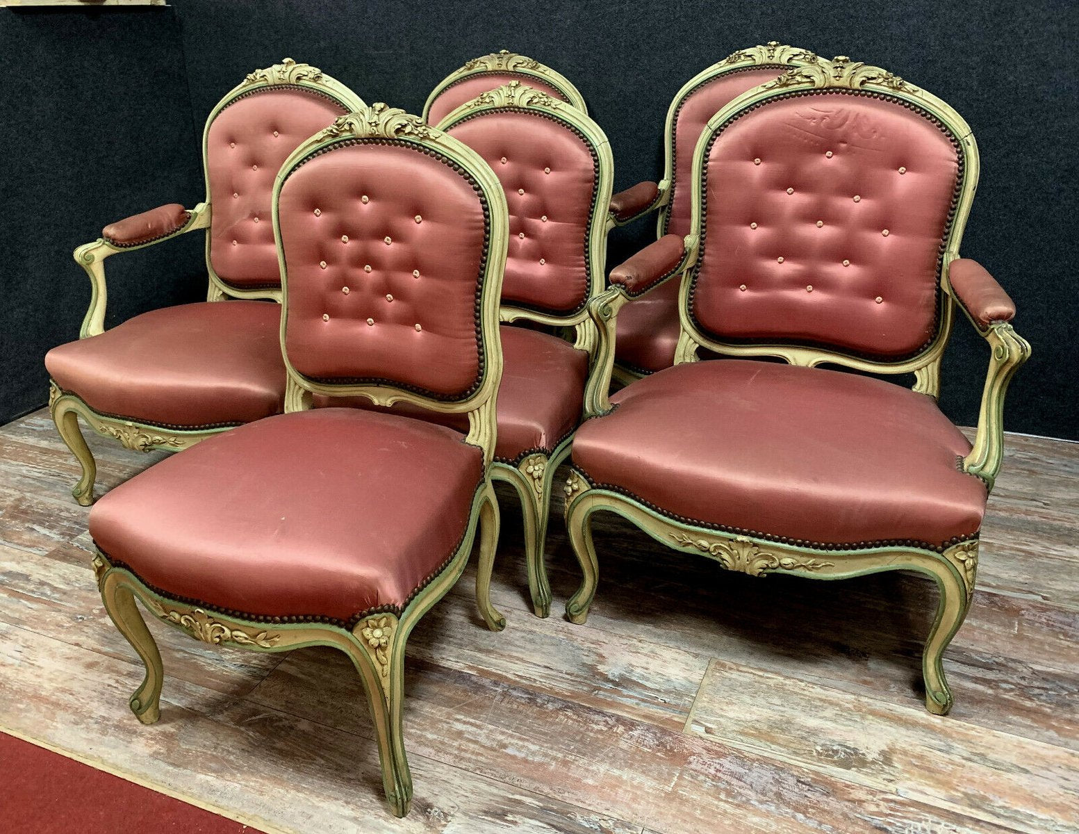 Louis XV Lacquered Wood Salon Furniture Set with Armchairs and Chairs, 1850s, Set of 6