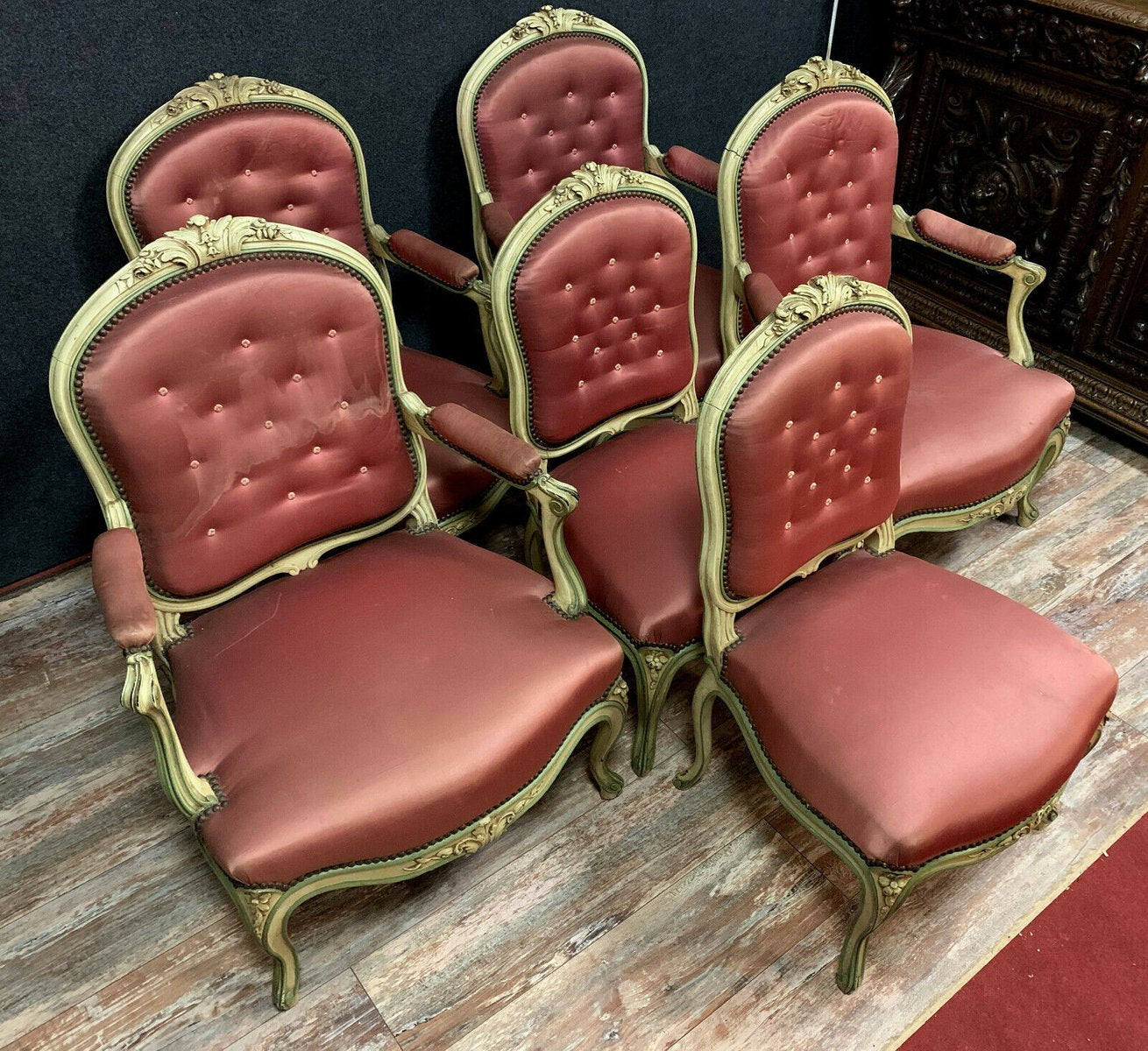 Louis XV Lacquered Wood Salon Furniture Set with Armchairs and Chairs, 1850s, Set of 6